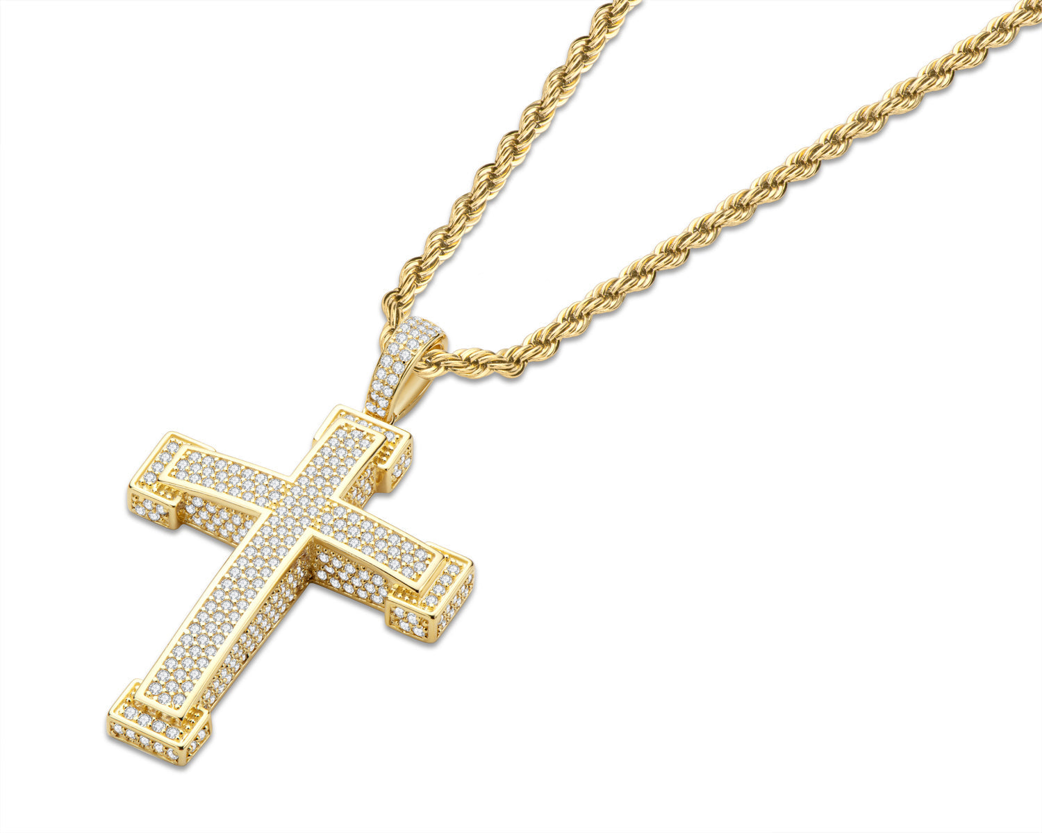 925 Sterling Silver Three Rows Round Cut Created CZ Cross Pendant Necklace