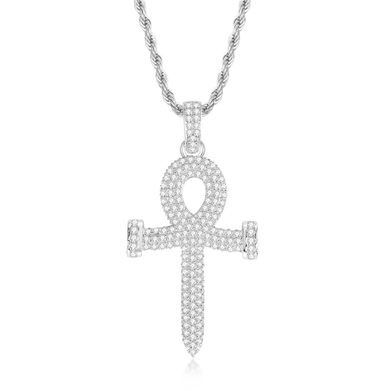 925 Sterling Silver Created Diamond Cross Hip Hop Rope Chain Pendant Necklace