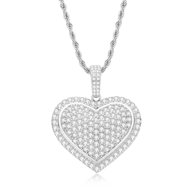 925 Sterling Silver Created CZ Heart Shaped Long Chain Hip Hop Pendant Necklace