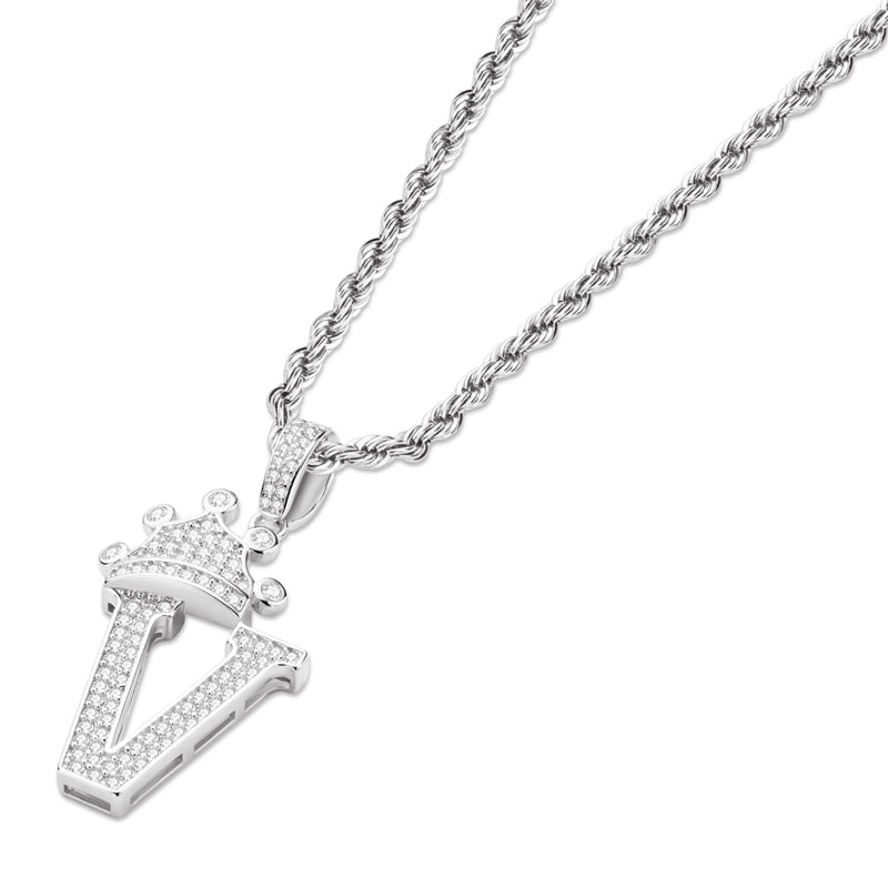 925 Sterling Silver The Letter V Created CZ Crown Hip Hop Rope Chain Pendant Necklace 23.62''