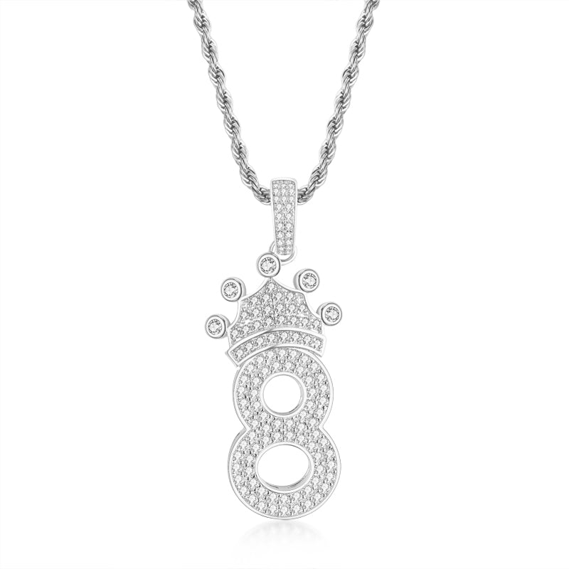 925 Sterling Silver Number 8 Created CZ Hip Hop Long Chain Pendant Necklace