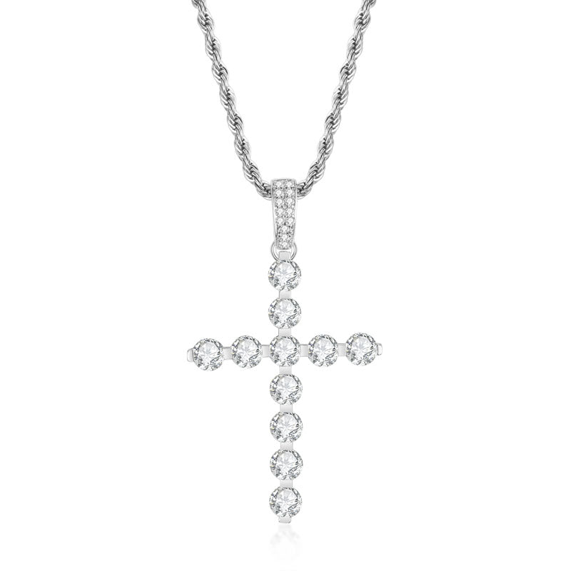 925 Sterling Silver Round Cut Created CZ Cross Pendant Necklace