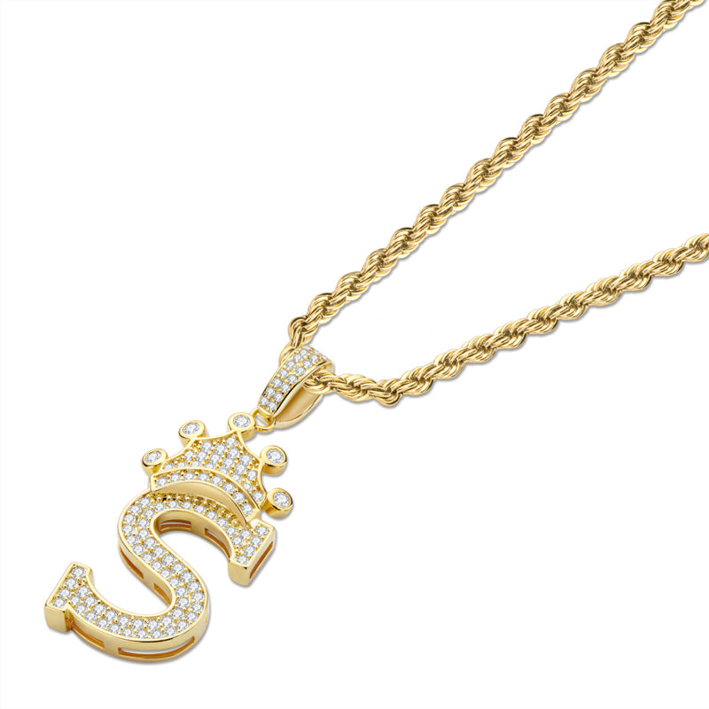 925 Sterling Silver Created CZ Hip Hop Micro Pave The Letter S Pendant Necklace