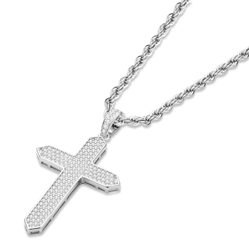 925 Sterling Silver Created CZ Cross Hip Hop Long Chain Pendant Necklace