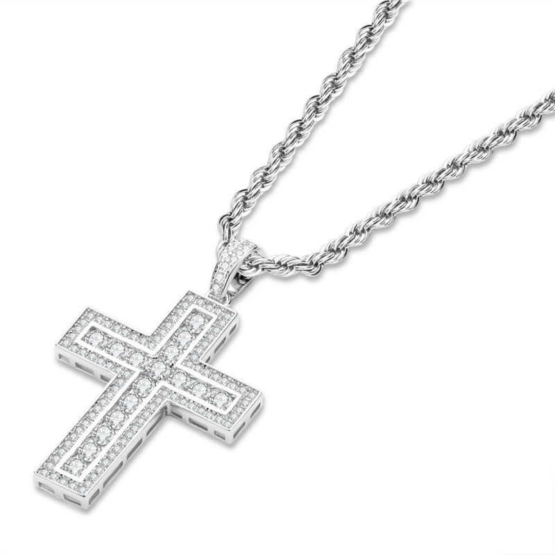 925 Sterling Silver Round Cut Created Diamond Hip Hop Charm Cross Pendant Necklace