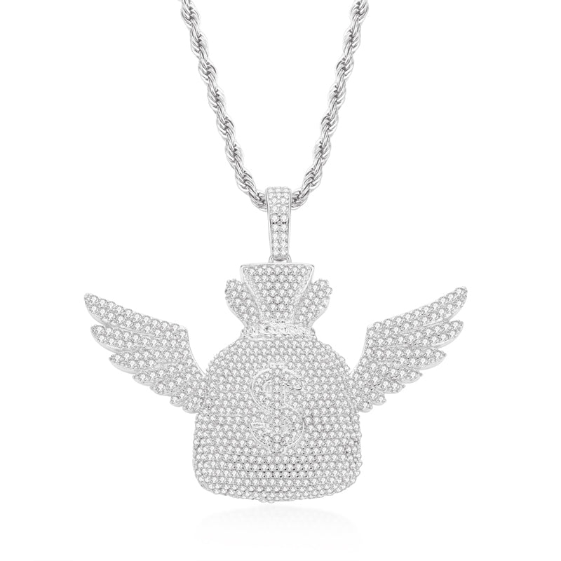 925 Sterling Silver Created Diamond Wallet With Wings Pendant Necklace