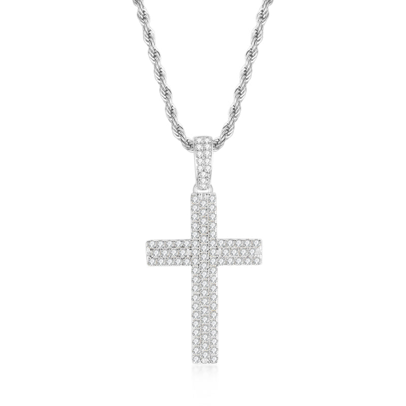 925 Sterling Silver Round Cut Created CZ Hip-Hop Cross Pendant Necklace