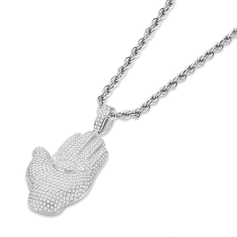 925 Sterling Silver Created Diamond Palm Hip Hop Pendant Necklace