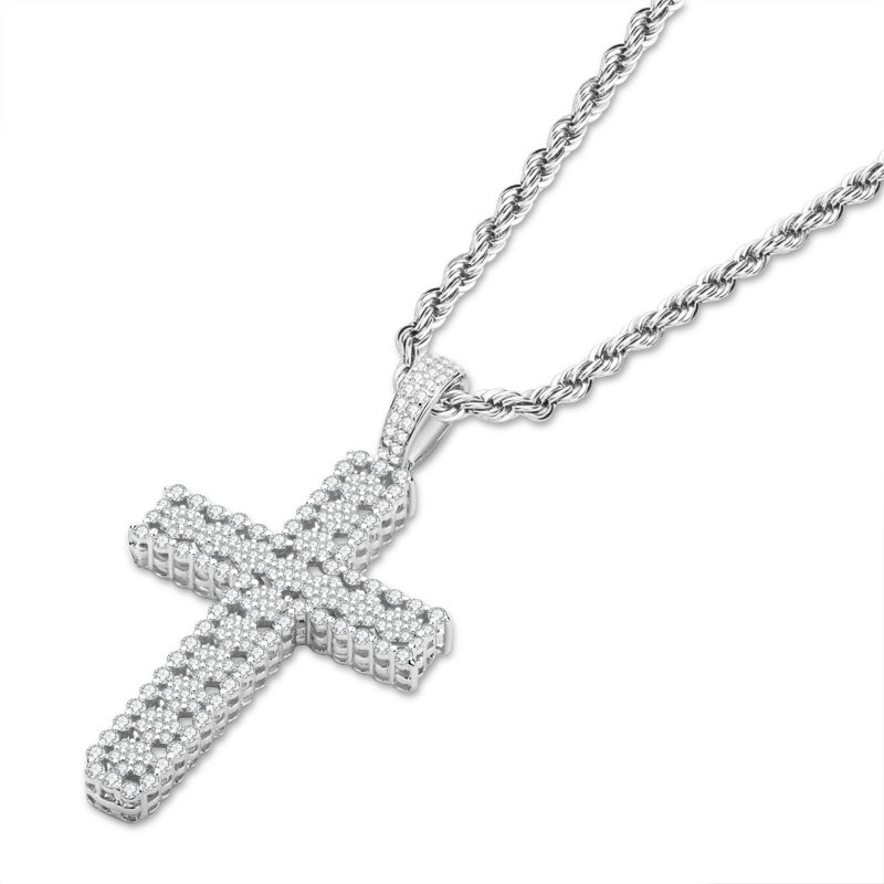 925 Sterling Silver Round Cut Created Diamond Personalized Cross Hip Hop Pendant Necklace 23.62''