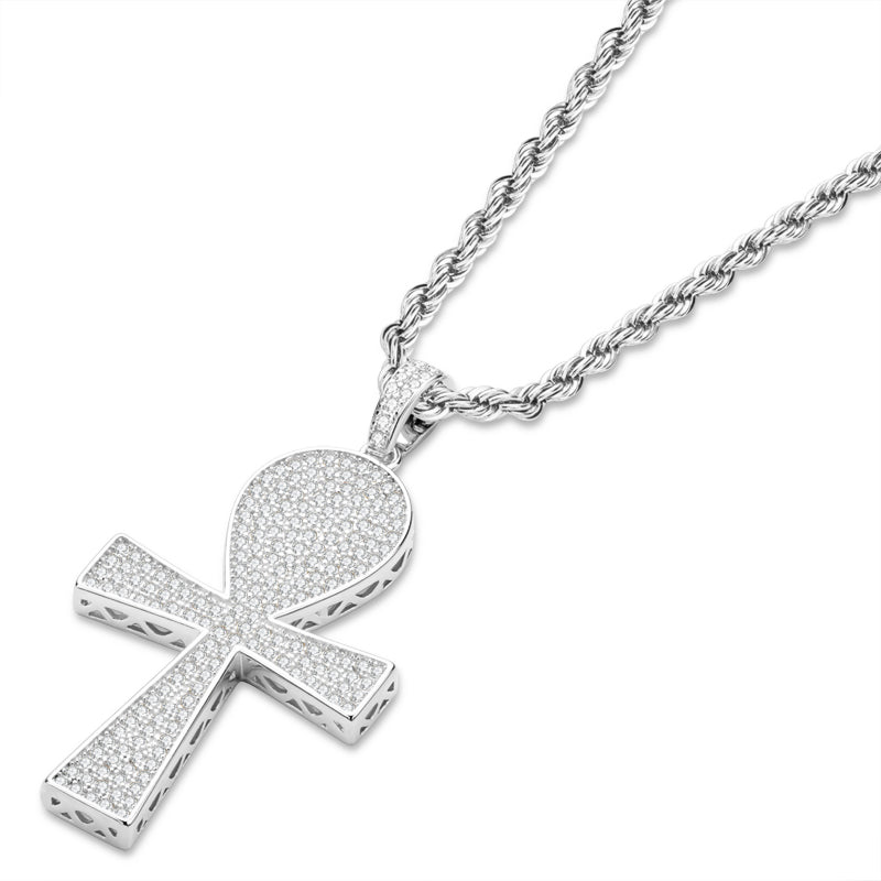 925 Sterling Silver Full Created Diamond Cross Hip Hop Men Pendant Necklace