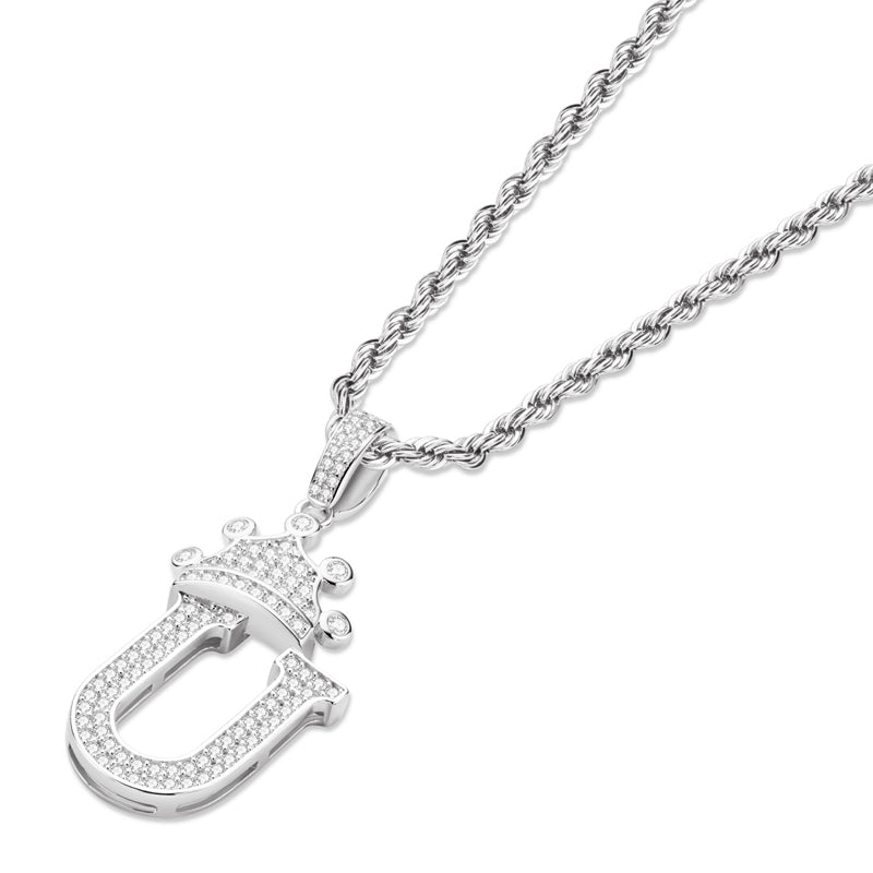 925 Sterling Silver Created Diamond Hip Hop Micro Pave The Letter U Pendant Necklace