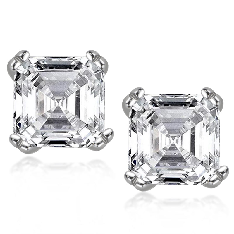 925 Sterling Silver Asscher Cut Cubic Zirconia Classic Stud Earrings