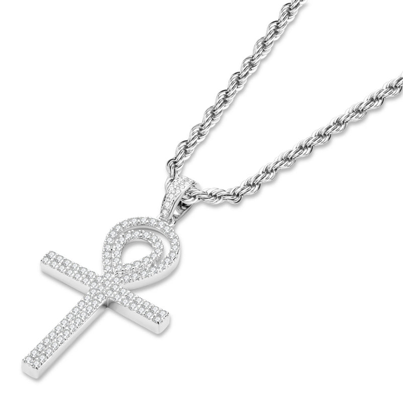 925 Sterling Silver Round Cut Created CZ Personalized Cross Hip Hop Pendant Necklace