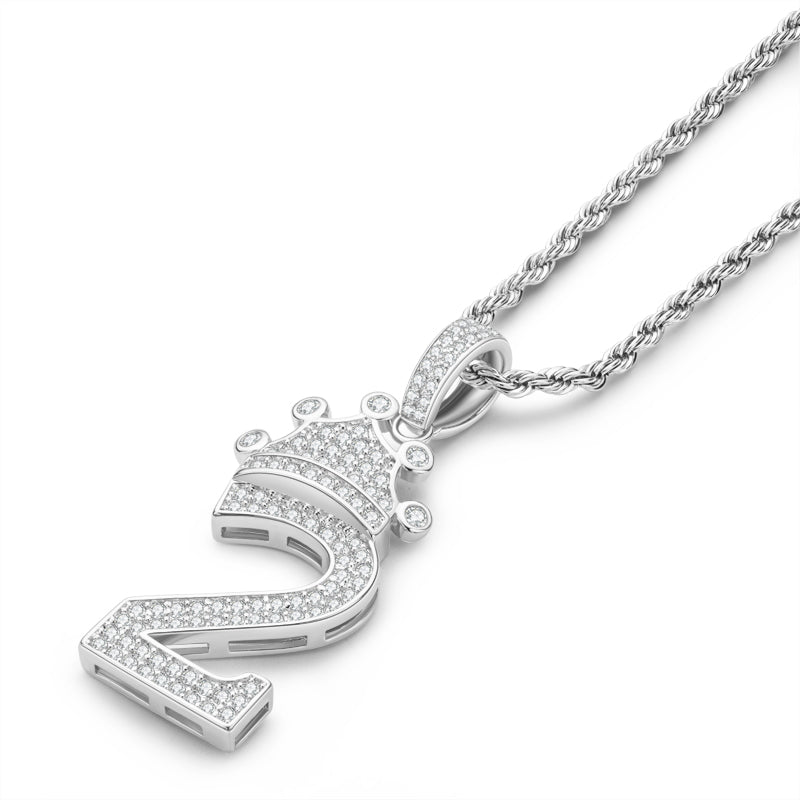 925 Sterling Silver Number 2 Crown Created Diamond Pendant Necklace