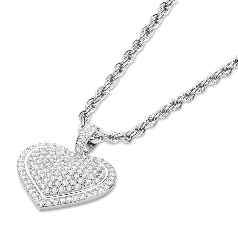 925 Sterling Silver Created Diamond Heart Shaped Hip Hop Pendant Necklace