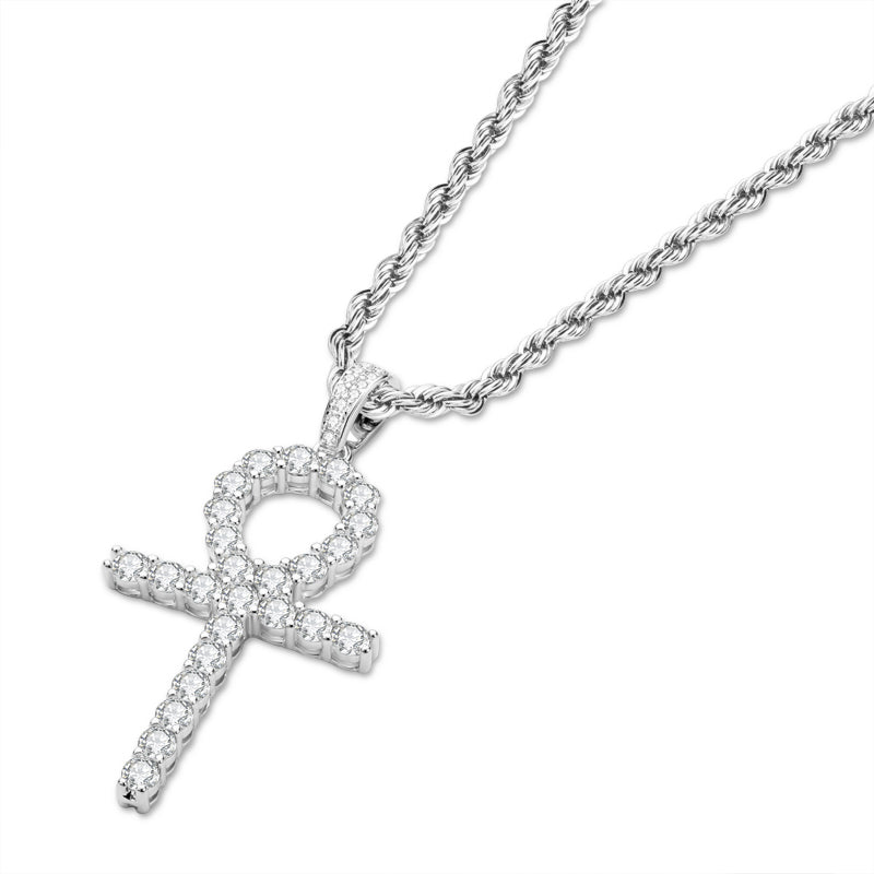 925 Sterling Silver Created CZ Cross Hip Hop Rope Chain Pendant Necklace