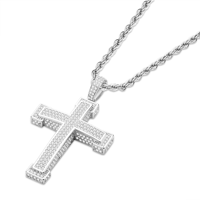 925 Sterling Silver Three Rows Round Cut Created CZ Cross Pendant Necklace