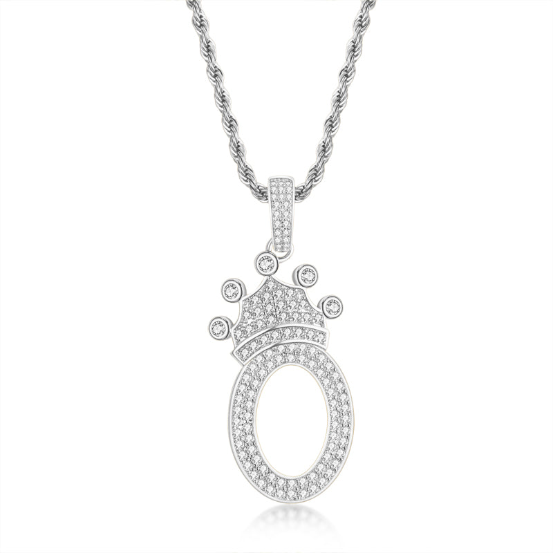 925 Sterling Silver Number 0 Crown Created Diamond Pendant Necklace