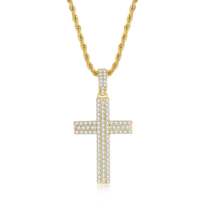 925 Sterling Silver Round Cut Created CZ Hip-Hop Cross Pendant Necklace