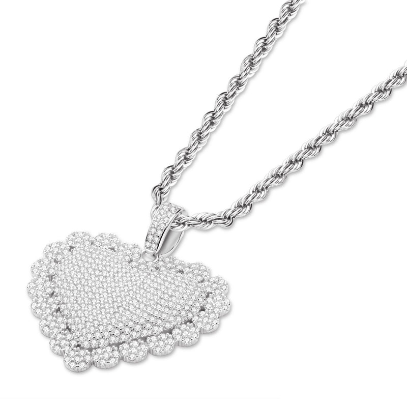 925 Sterling Silver Heart Shaped Luxury Hip Hop Created Diamond Pendant Necklace