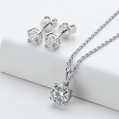 925 Sterling Silver Solitaire Round Cut Sparkling CZ Stud Earrings & Necklace Set