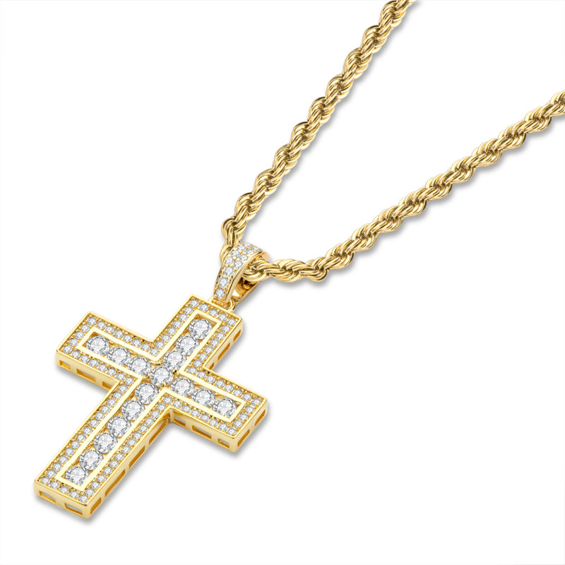 925 Sterling Silver Round Cut Created Diamond Hip Hop Charm Cross Pendant Necklace