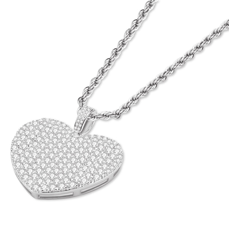 925 Sterling Silver Created Heart Shaped Rope Chain Hip Hop Pendant Necklace