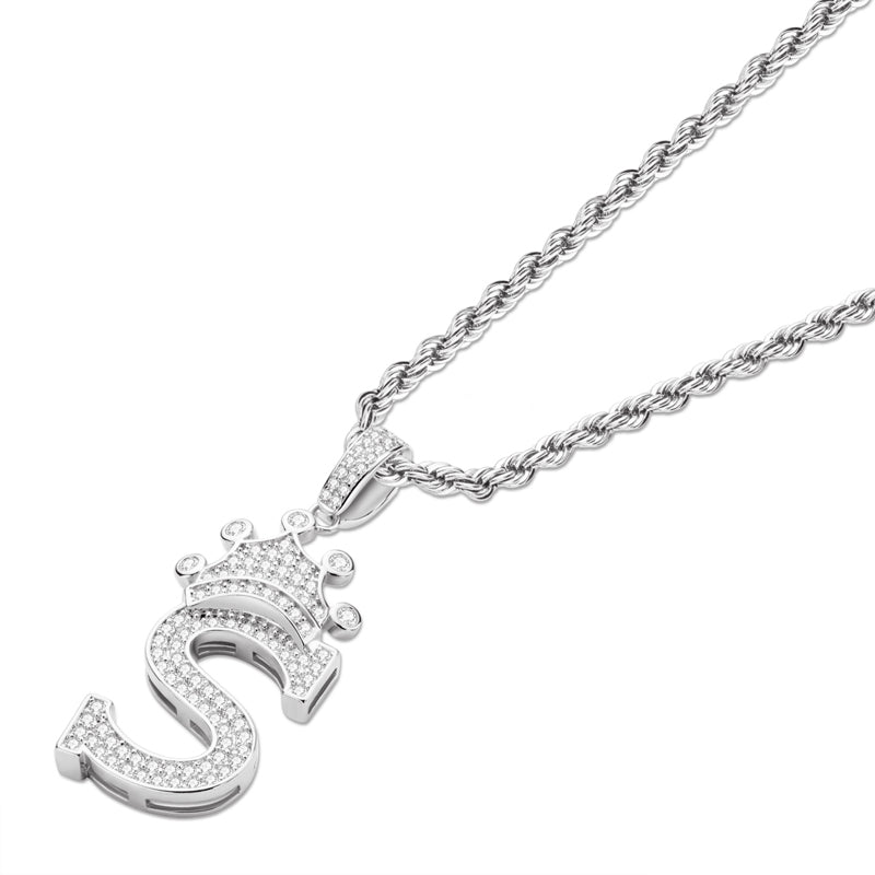 925 Sterling Silver Created CZ Hip Hop Micro Pave The Letter S Pendant Necklace