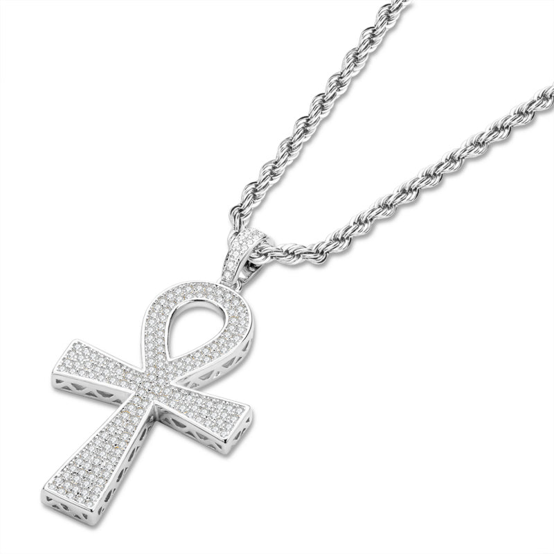 925 Sterling Silver Cross Created Diamond Hip Hop Long Chain Pendant Necklace