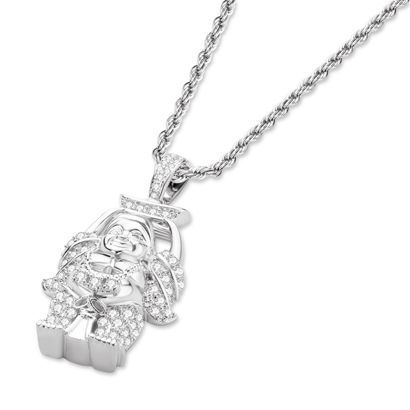 925 Sterling Silver Created Diamond Religion Buddha Statue Rope Chain Pendant Necklace