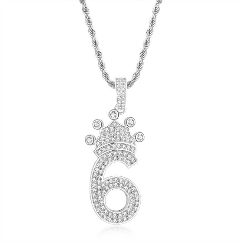 925 Sterling Silver Number 6 Created CZ Hip Hop Long Chain Pendant Necklace