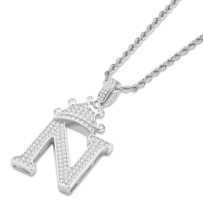 925 Sterling Silver The Letter N Created CZ Crown Hip Hop Rope Chain Pendant Necklace