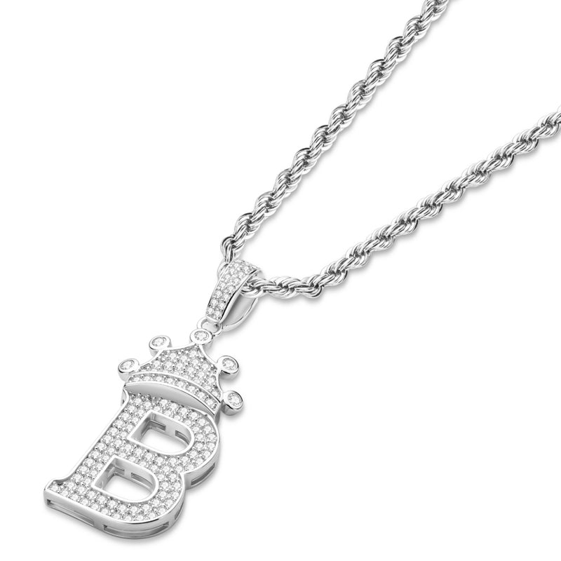 925 Sterling Silver Round Cut Created Diamond Hip Hop Micro Pave The Letter B Pendant Necklace