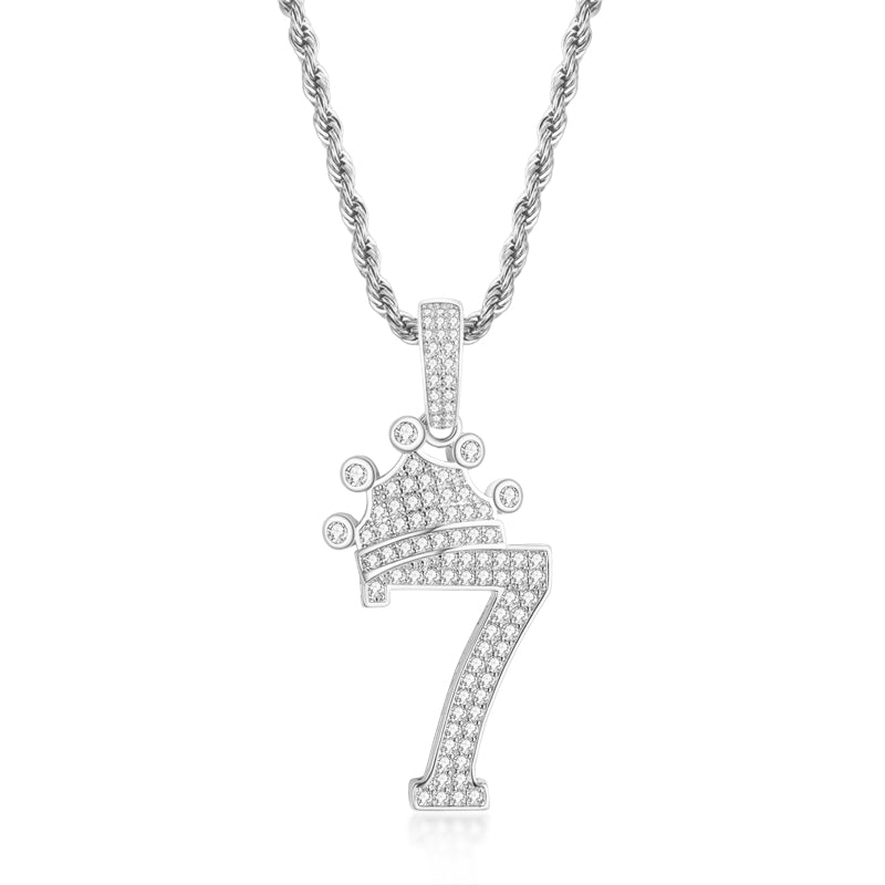 925 Sterling Silver Number 7 Created Diamond Hip Hop Long Chain Pendant Necklace