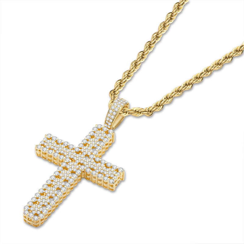 925 Sterling Silver Round Cut Created Diamond Personalized Cross Hip Hop Pendant Necklace 23.62''