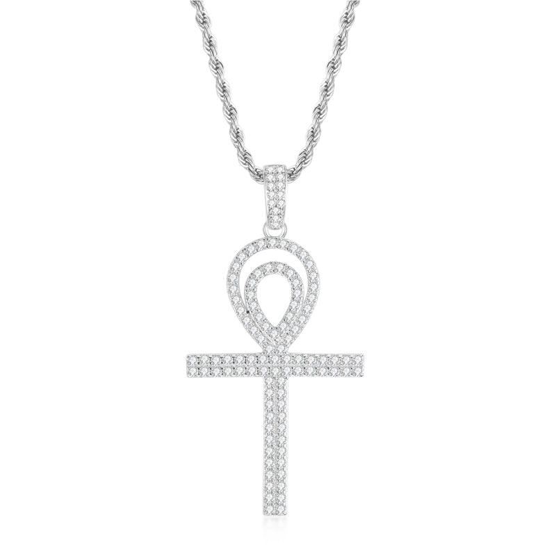 925 Sterling Silver Round Cut Created CZ Personalized Cross Hip Hop Pendant Necklace