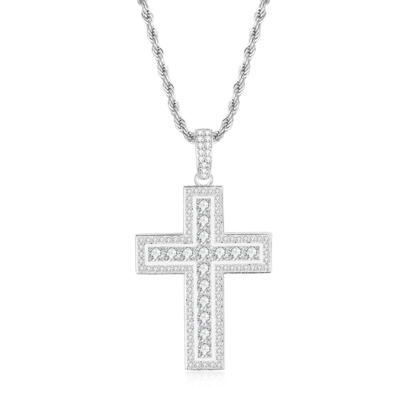 925 Sterling Silver Round Cut Created Diamond Hip Hop Charm Cross Pendant Necklace