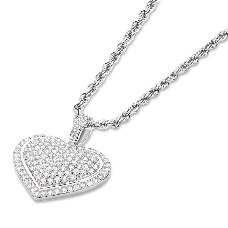 925 Sterling Silver Created CZ Heart Shaped Long Chain Hip Hop Pendant Necklace