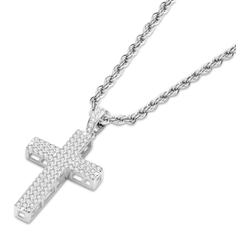 925 Sterling Silver Round Cut Created CZ Hip-Hop Cross Pendant Necklace