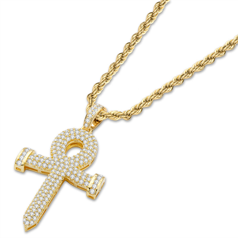 925 Sterling Silver Created Diamond Cross Hip Hop Rope Chain Pendant Necklace