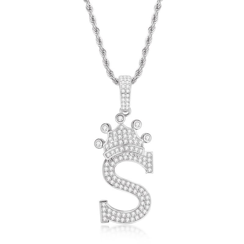 925 Sterling Silver Created CZ Hip Hop Micro Pave The Letter S Pendant Necklace