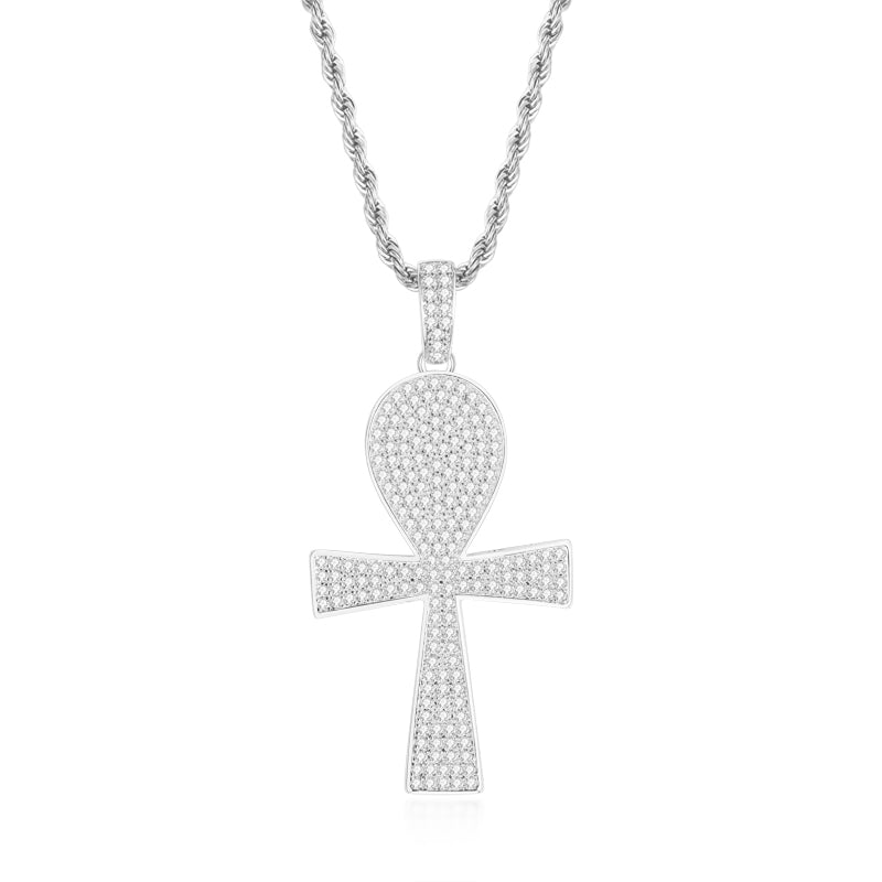 925 Sterling Silver Full Created Diamond Cross Hip Hop Men Pendant Necklace