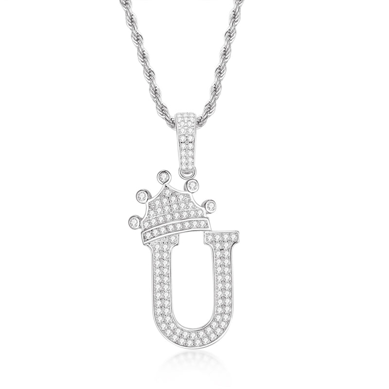 925 Sterling Silver Created Diamond Hip Hop Micro Pave The Letter U Pendant Necklace