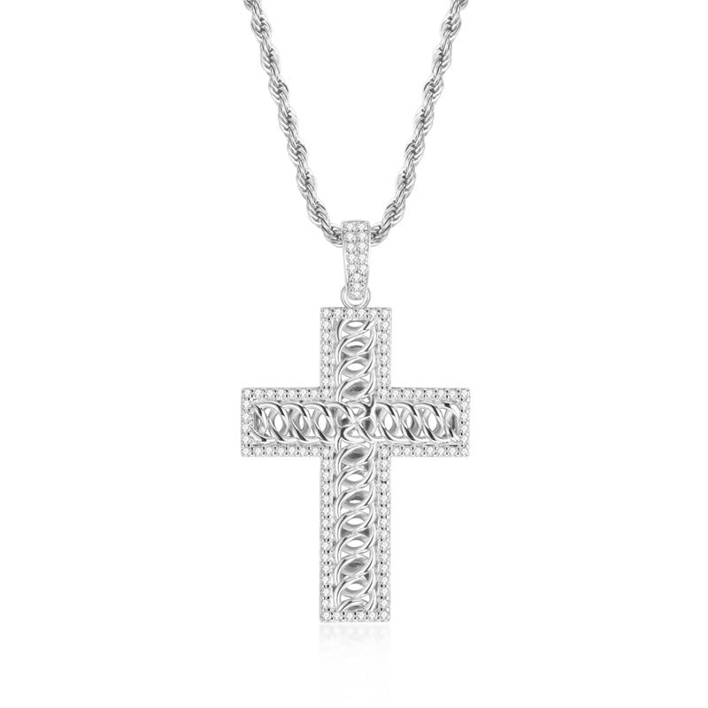 925 Sterling Silver Created Diamond Cross Hip Hop Long Chain Luxury Pendant Necklace