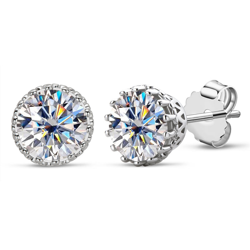 925 Sterling Silver Vintage Crown Round Cut CZ Halo Stud Earrings