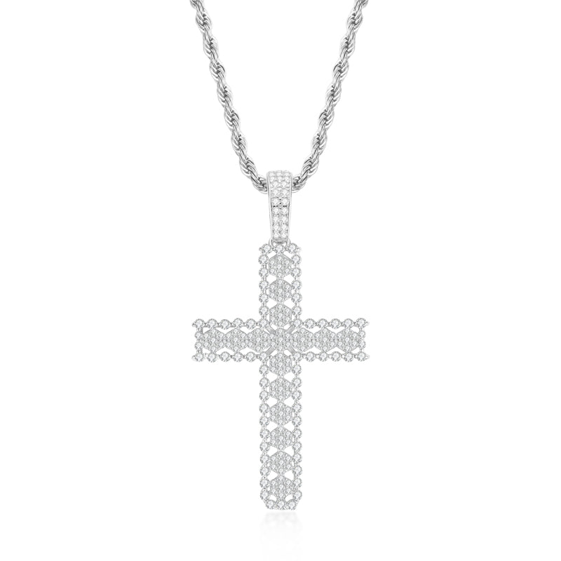 925 Sterling Silver Round Cut Created Diamond Personalized Cross Hip Hop Pendant Necklace 23.62''