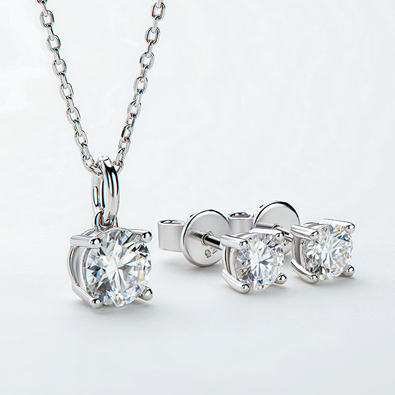 925 Sterling Silver Solitaire Round Cut Sparkling CZ Stud Earrings & Necklace Set