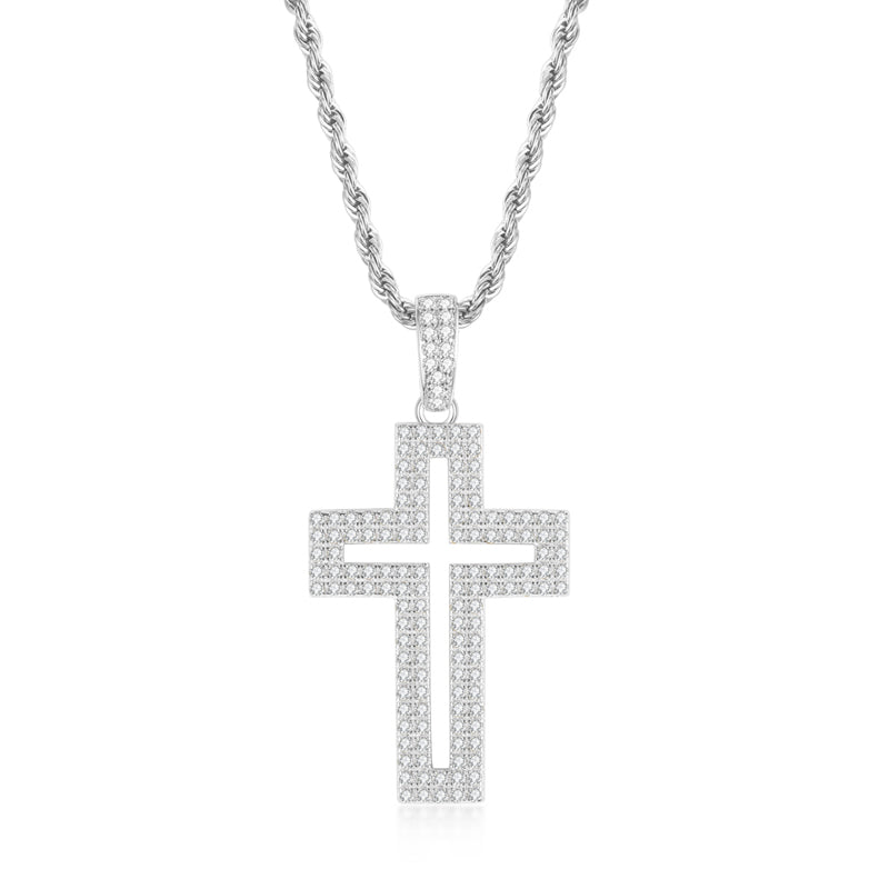 925 Sterling Silver Created Diamond Personalized Cross Hollow Pendant Necklace