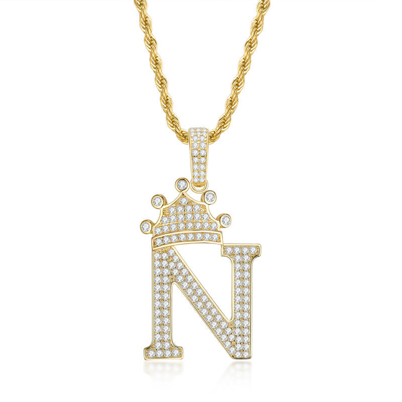 925 Sterling Silver The Letter N Created CZ Crown Hip Hop Rope Chain Pendant Necklace