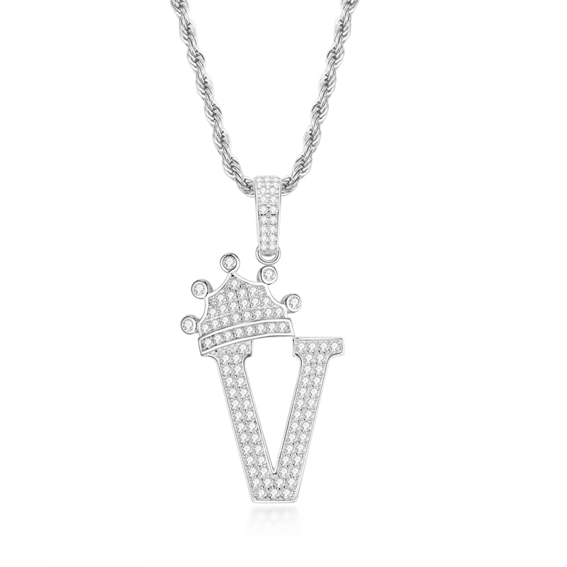 925 Sterling Silver The Letter V Created CZ Crown Hip Hop Rope Chain Pendant Necklace 23.62''